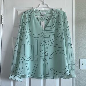 Calvin Klein mint green logo signature flowy lined long sleeve women blouse